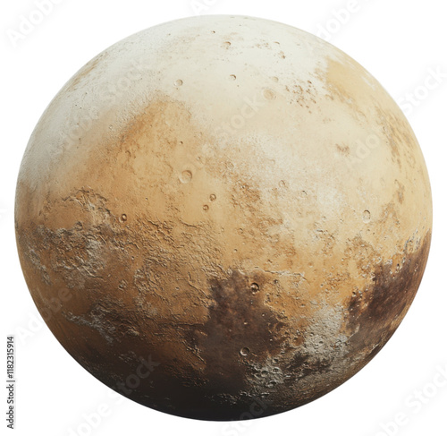 A detailed view of a celestial body with a rugged surface, showcasing shades of brown, beige, and subtle variations in texture. photo