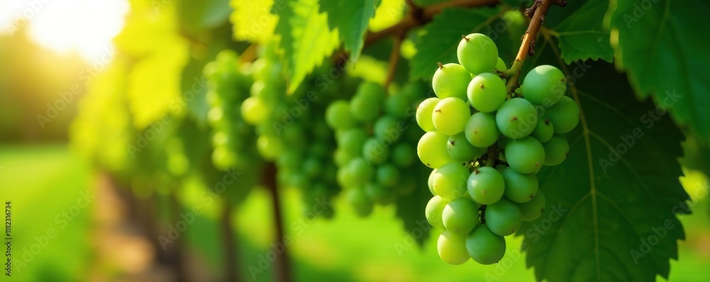Vine covered in clusters of emerald green grapes ripening in the sun, leaves, sunlight, harvest Vine covered in clusters of emerald green grapes ripening in the sun, leaves, sunlight, harvest