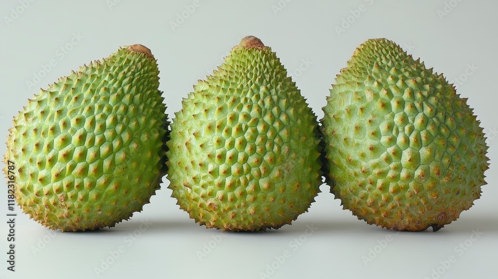 Three green spiky fruits arranged in a row on a white background. Three green spiky fruits arranged in a row on a white background.