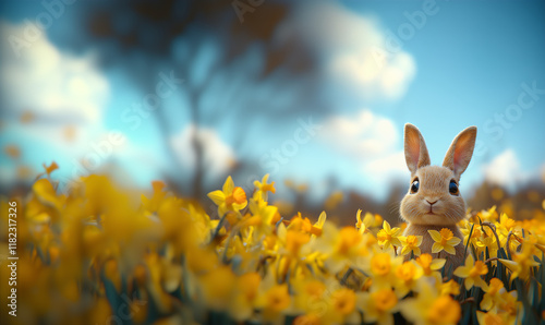 Adorable Easter Bunny with cute eyes and big ears peering from behind yellow Daffodils