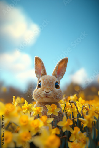Adorable Easter Bunny with cute eyes and big ears peering from behind yellow Daffodils