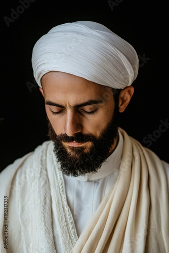 Ramadan Pensive Muslim Man in Traditional White Turban and Thobe Close up Portrait