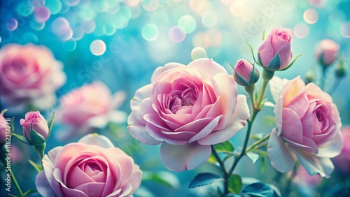 Vintage Pink Roses Soft Blue Bokeh Background - Dreamy Floral Stock Photo