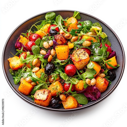 A colorful and fresh Harvest Salad with Butternut Squash with mixed greens, cherry tomatoes, and crunchy croutons, perfect for a healthy meal choice.