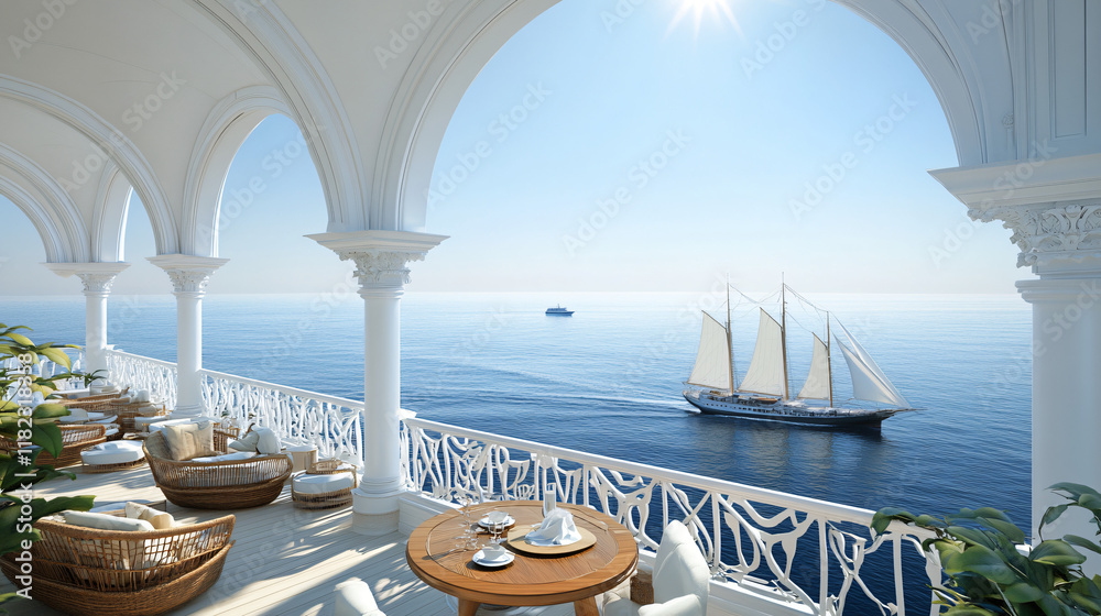 Obraz premium Elegant terrace with white arches, round wooden seating, and a small table set for two, overlooking the open ocean and a sailboat on the horizon under a clear blue sky, creating a serene and luxurious