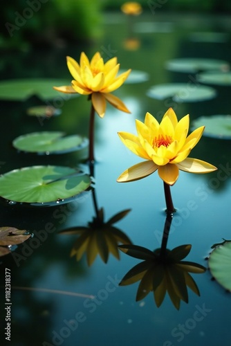 Wallpaper Mural Yellow water lilies reflected in serene river, flower, pond, calm Torontodigital.ca