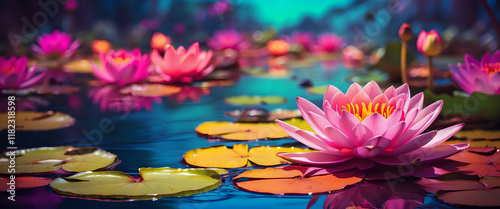 Colorful neon water lily landscape.
