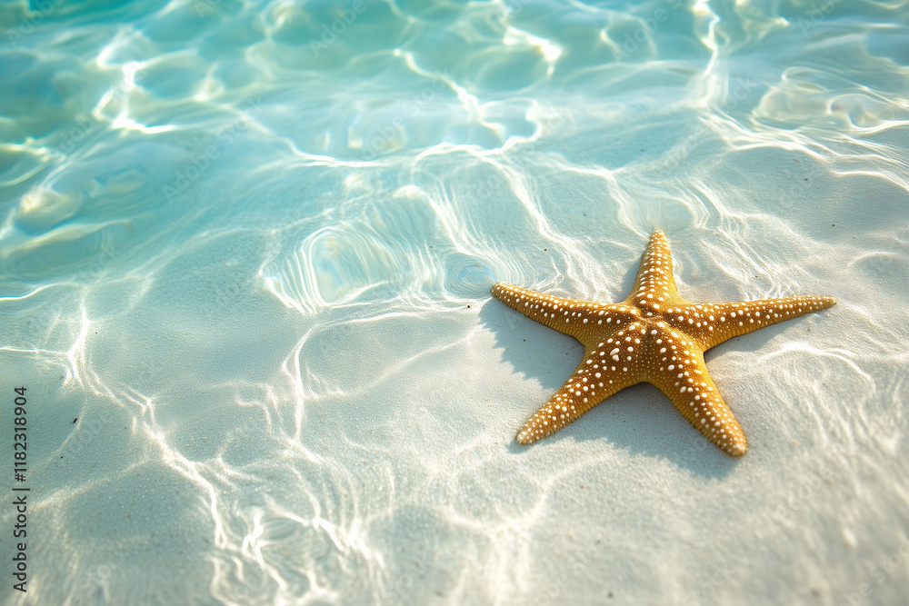 Peaceful view of white sand and turquoise waters with a starfish resting on the shore at a tranquil beach Peaceful view of white sand and turquoise waters with a starfish resting on the shore at a tranquil beach