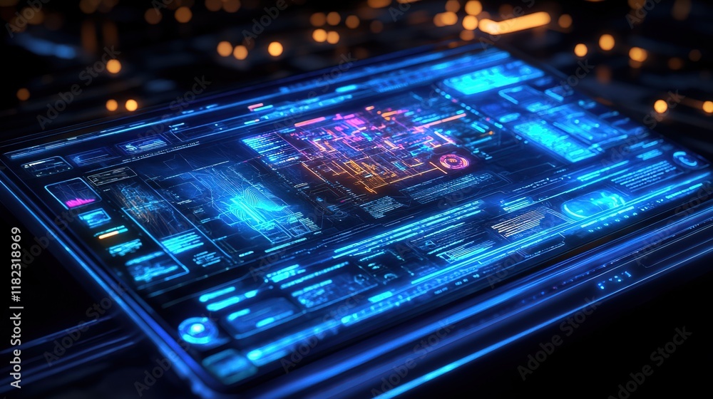 Obraz premium A holographic interface displaying complex data, blue neon glow, high-tech and sci-fi aesthetic