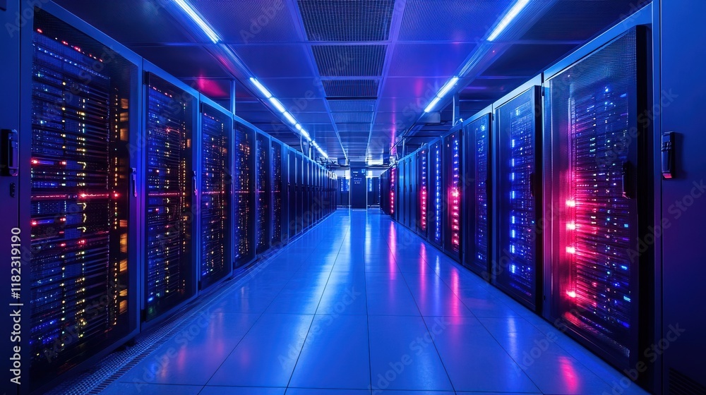 A futuristic data center with glowing servers and complex wiring, sleek and ultra-modern atmosphere A futuristic data center with glowing servers and complex wiring, sleek and ultra-modern atmosphere