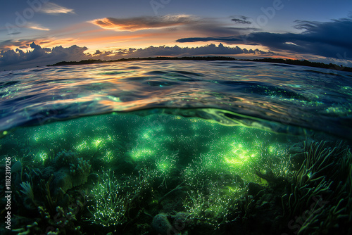 Bioluminescent plankton illuminate the ocean at twilight in a breathtaking display of natural beauty
