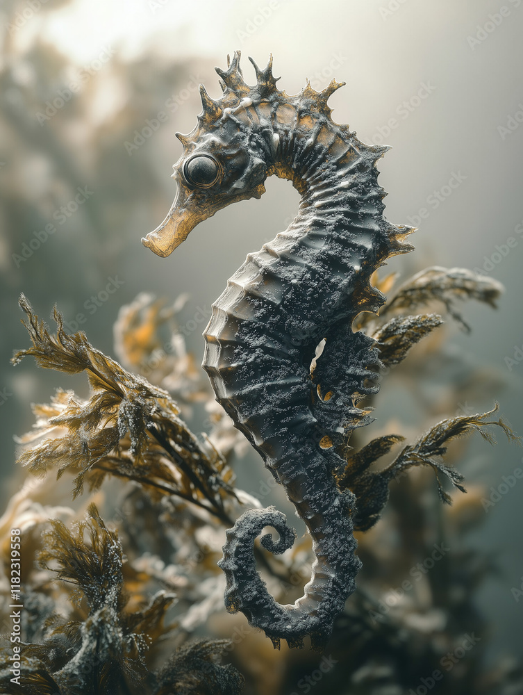 Obraz premium Stunning macro shot of a seahorse clinging to underwater vegetation in a serene marine environment