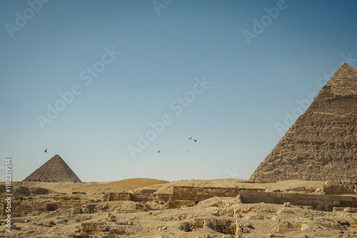 Cairo, Giza, Egypt. View of Great Giza Pyramids in the desert Sahara 