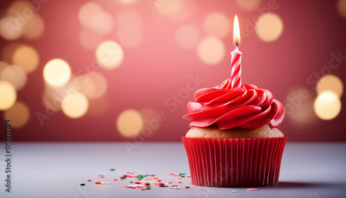 red birthday cupcake with candle