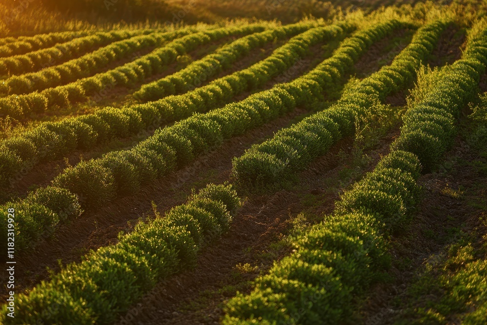 Fototapeta premium Lush green herb field during golden hour sunlight in a rural farming area