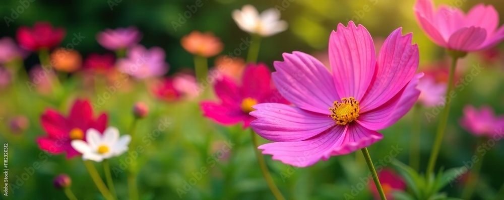 Cosmos flowers in a garden with other colorful flowers, blooms, garden Cosmos flowers in a garden with other colorful flowers, blooms, garden