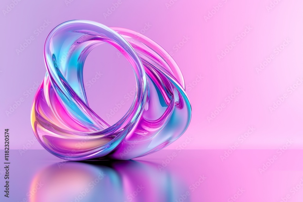 Obraz premium Abstract 3D Render of iridescent pink and blue swirling glass shapes on purple background