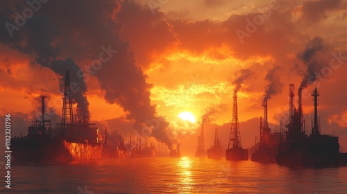 Oil Tankers and Pumps Against a Sunset Sky. Generative AI photo