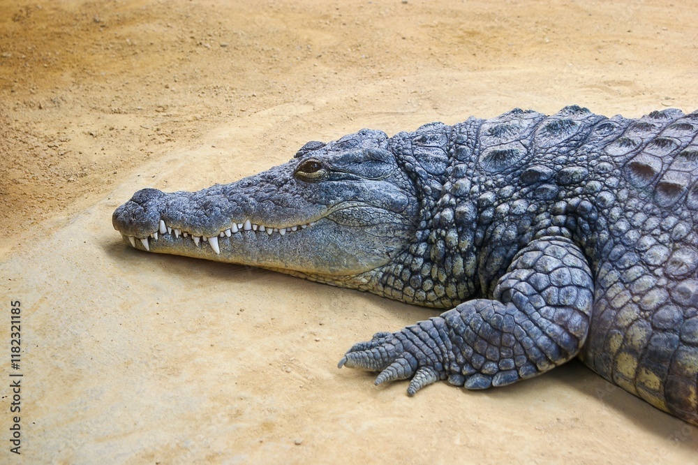 Close-up of a crocodile resting on sandy ground, showcasing its rough skin texture and sharp teeth. Ideal for wildlife, nature, and animal photography themes Close-up of a crocodile resting on sandy ground, showcasing its rough skin texture and sharp teeth. Ideal for wildlife, nature, and animal photography themes