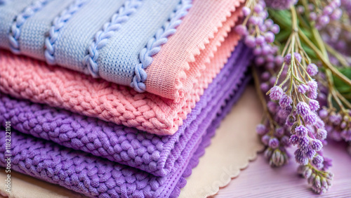 Close-up of textured knitted fabrics in pastel colors paired with delicate lavender flowers