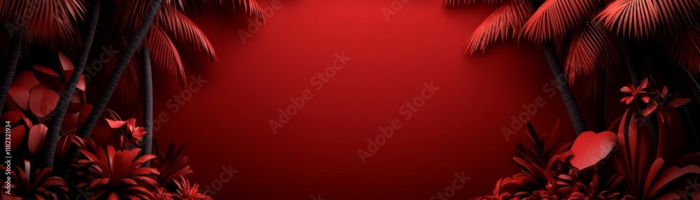 Red Palm Paradise: Immerse yourself in a vibrant tropical paradise with this 3D render, featuring lush palm trees and foliage set against a captivating crimson backdrop. Red Palm Paradise: Immerse yourself in a vibrant tropical paradise with this 3D render, featuring lush palm trees and foliage set against a captivating crimson backdrop.
