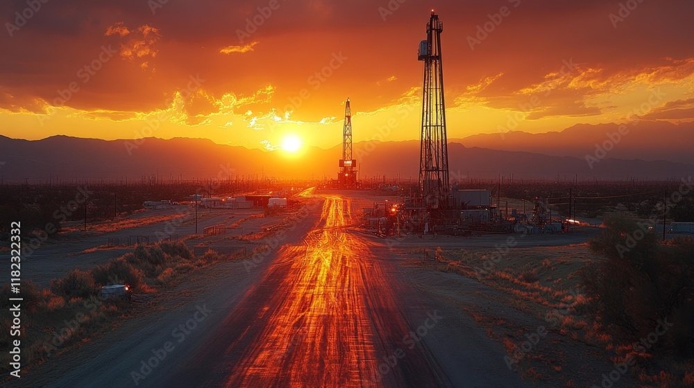 Sunset Over Oil Derricks in the Desert. Generative AI Sunset Over Oil Derricks in the Desert. Generative AI