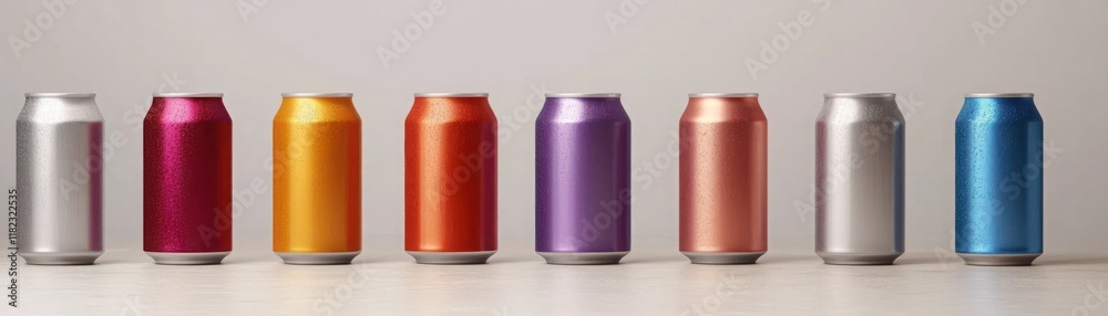 A Colorful Array of Metallic Beverage Cans in Various Shades Displayed on a Neutral Background for Creative and Artistic Beverage Photography A Colorful Array of Metallic Beverage Cans in Various Shades Displayed on a Neutral Background for Creative and Artistic Beverage Photography