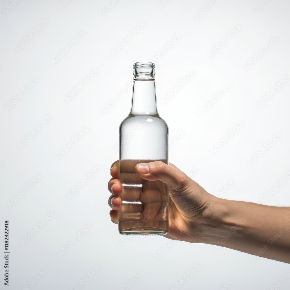 Hand holding glass bottle white background Hand holding glass bottle white background