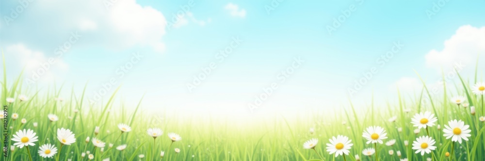 Fototapeta premium A serene landscape featuring vibrant green grass and blooming daisies under a bright blue sky, perfect for nature-themed projects, banners, or wellness content.