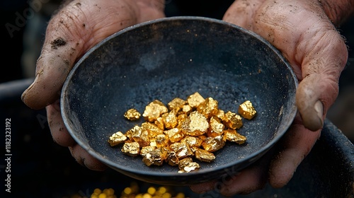 Close up of a gleaming gold nugget shimmering in the pan of an experienced miner during an outdoor gold panning session