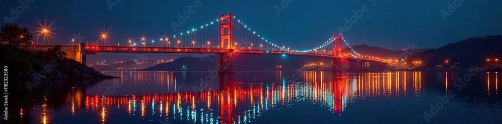 Naklejka premium Glowing bridge lights reflected in the calm river surface at night, reflective, glow