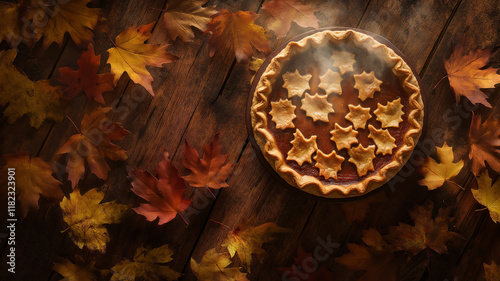 Image of a rustic wooden table with a steaming pie and scattered autumn leaves photo