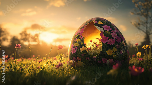 Illustration of a  of a giant Easter egg painted with floral patterns, breaking open to reveal blooming flowers and golden light shining through photo