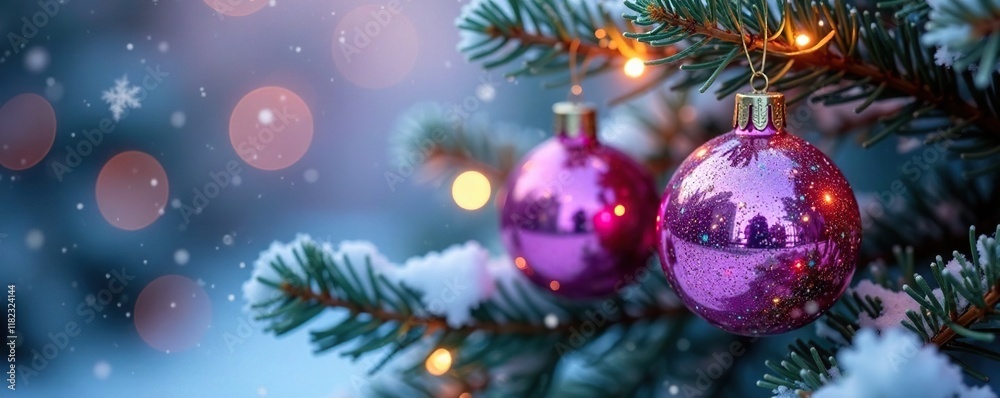 Iridescent glass ornaments on fir branches in shades of pink and purple, winter, fir branches Iridescent glass ornaments on fir branches in shades of pink and purple, winter, fir branches