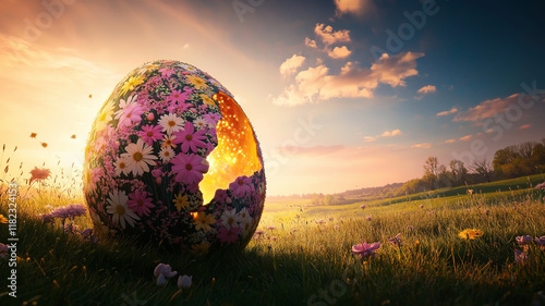 Illustration of a  of a giant Easter egg painted with floral patterns, breaking open to reveal blooming flowers and golden light shining through photo