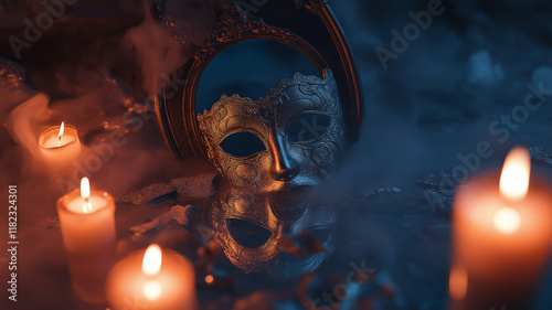 Illustration of a photo of an antique Venetian mask lying on a cracked, foggy mirror, surrounded by melting wax candles photo