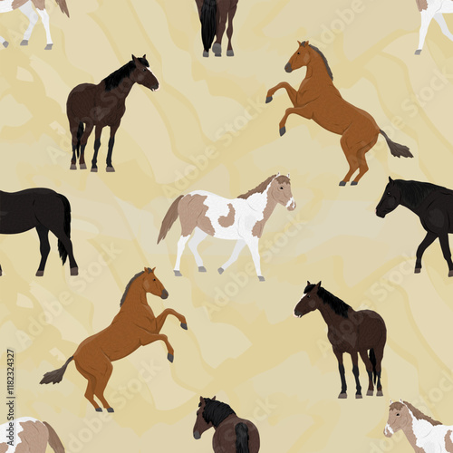 Structured seamless pattern with Realistic horses. Horses of different colors walk, stand and rear. Vector design