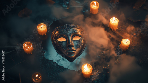 Illustration of a photo of an antique Venetian mask lying on a cracked, foggy mirror, surrounded by melting wax candles photo