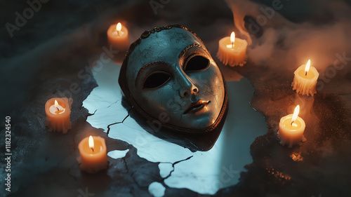 Illustration of a photo of an antique Venetian mask lying on a cracked, foggy mirror, surrounded by melting wax candles photo