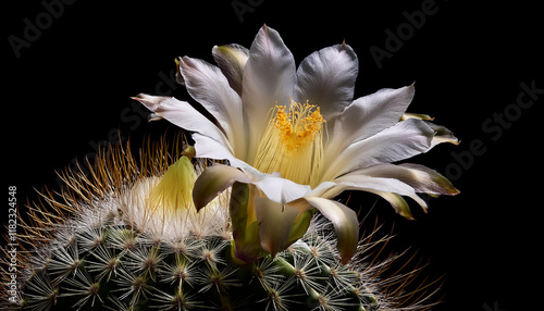 cactus flower matucana madisoniorum in bloom remoted on a black background photo