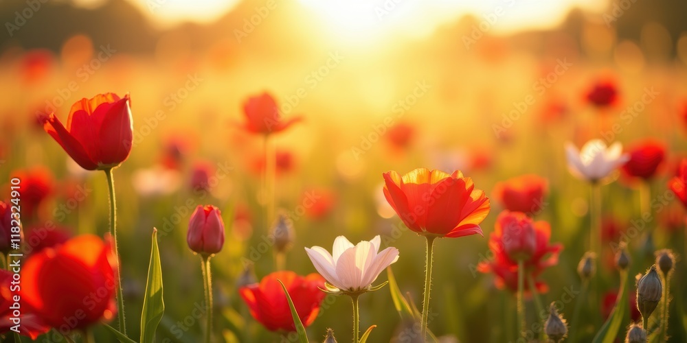 Fototapeta premium A vibrant field of blooming tulips basking in golden sunlight, perfect for nature-inspired designs, seasonal promotions, or floral-themed projects.