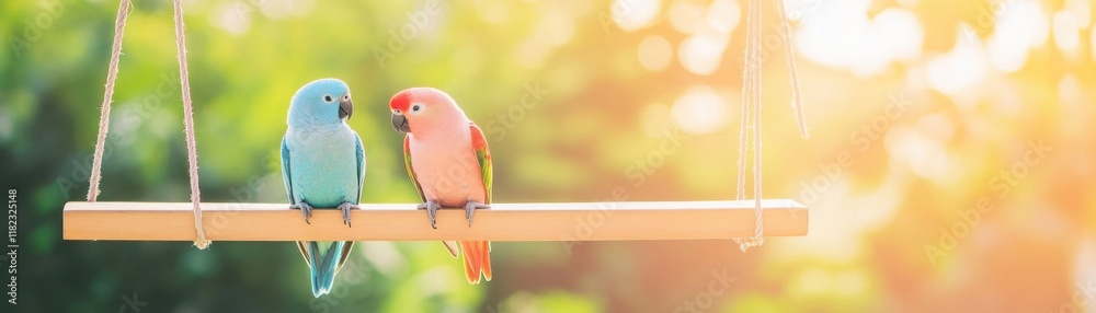 Naklejka premium Colorful Lovebirds on a Swing in a Lush Garden Setting, Capturing the Essence of Springtime Joy and Playfulness with Soft Bokeh Background Lights Shimmering in Warm Tones