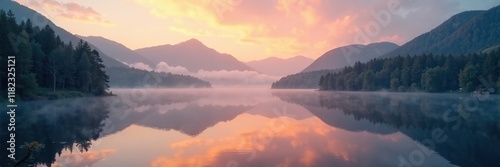 Misty dawn on Mummelsee lake with foggy atmosphere, serene, black forest