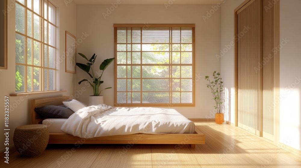 Fototapeta premium Serene Minimalist Bedroom Design: Sunlight Streaming Through Japanese-Style Windows onto a Wooden Platform Bed and Bamboo Flooring