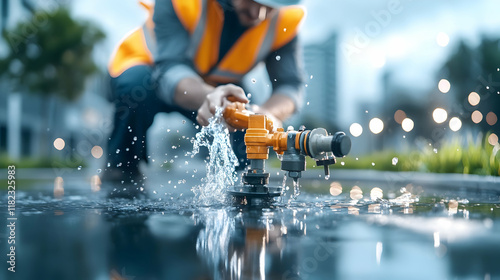 A faulty water meter spraying water, with a technician in a safety vest adjusting valves and inspecting the damage. Urban setting in the background
