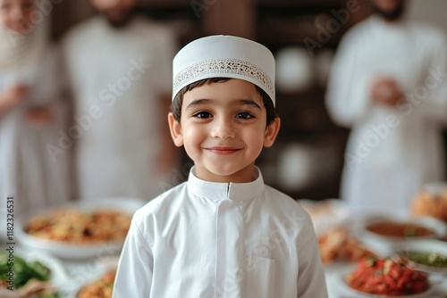 Ramadan Happy Muslim Boy in Traditional Clothing Smiling at Festive Meal photo