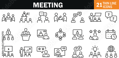 "Professional Meeting Icons Representing Business Collaboration, Scheduling, and Communication"