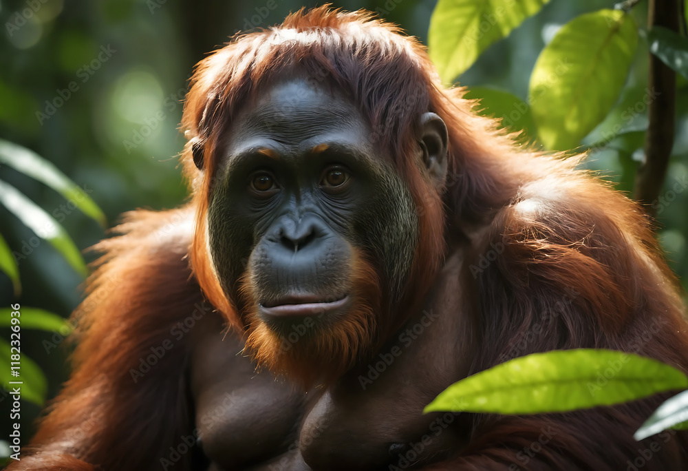 Fototapeta premium A stunning Bornean orangutan, female, sitting amidst lush green rainforest foliage, sunlight filters through the canopy, illuminating her rich reddish-brown fur.