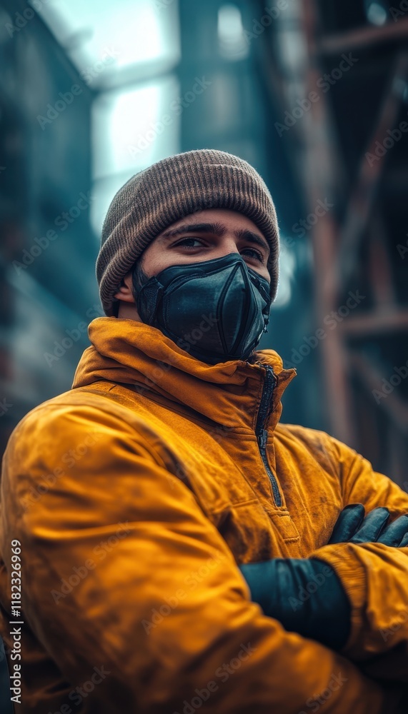 Man in a yellow jacket and face mask, arms crossed, standing outdoors in an industrial setting. Man in a yellow jacket and face mask, arms crossed, standing outdoors in an industrial setting.