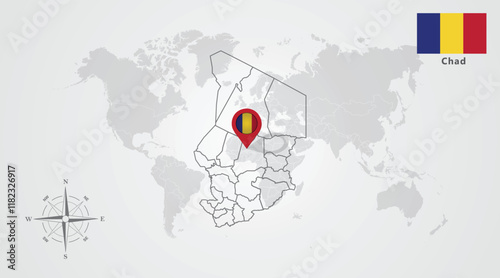 Chad flag icon design with map outline, Template with the national flag and map 
